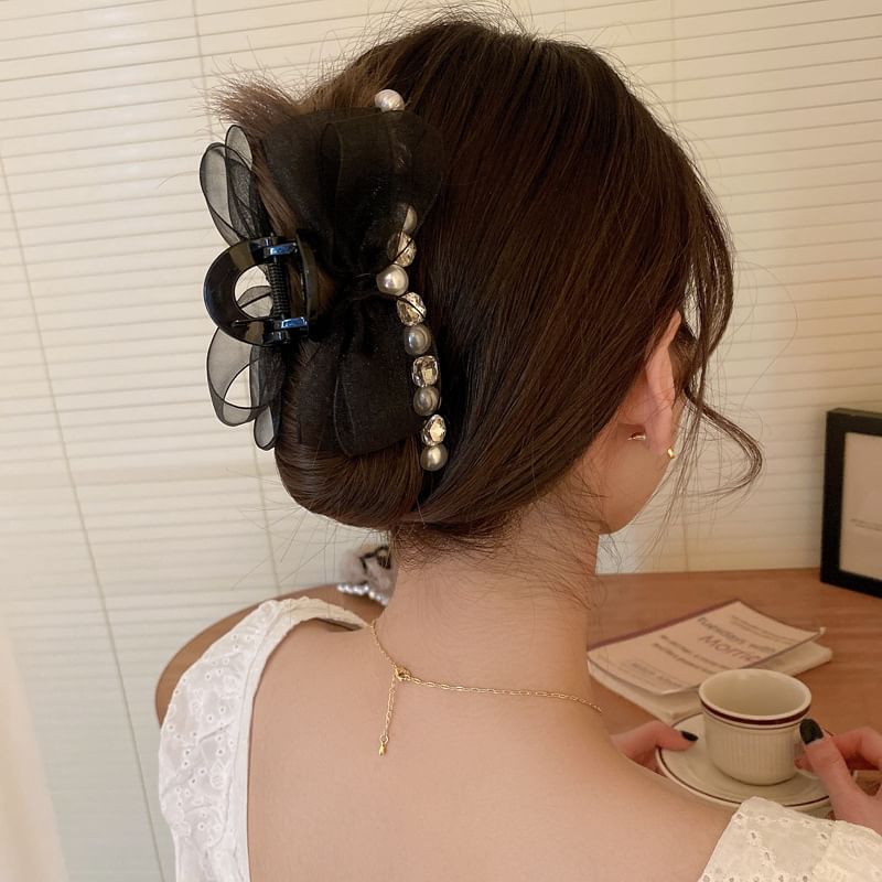 Faux Pearl Rhinestone Bow Hair Claw