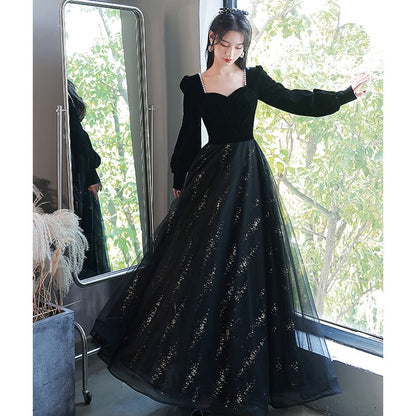 Long-Sleeve Square Neck Mesh A-Line Evening Gown