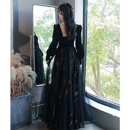 Long-Sleeve Square Neck Mesh A-Line Evening Gown