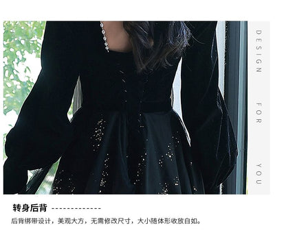 Long-Sleeve Square Neck Mesh A-Line Evening Gown