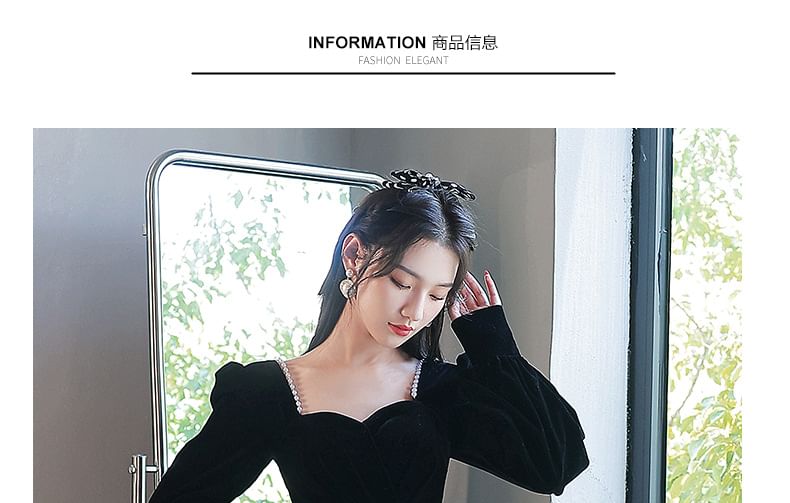 Long-Sleeve Square Neck Mesh A-Line Evening Gown