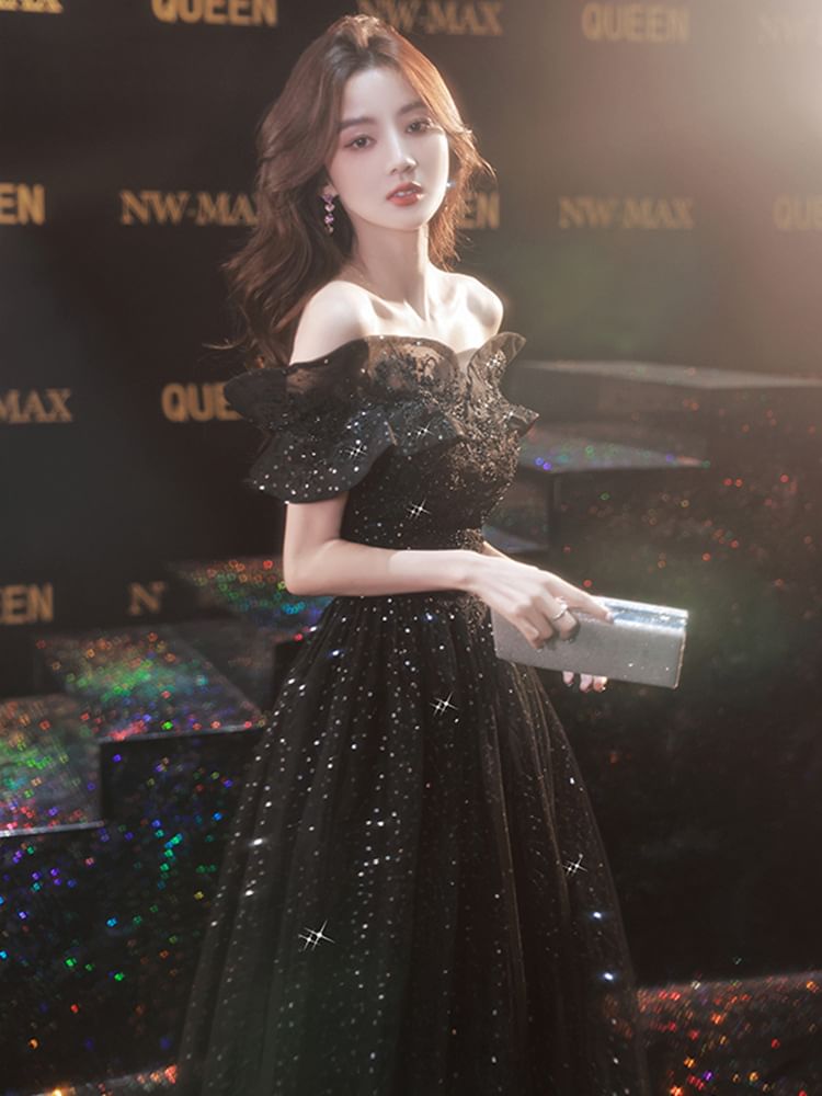 Off Shoulder Mesh Glitter A-Line Evening Gown