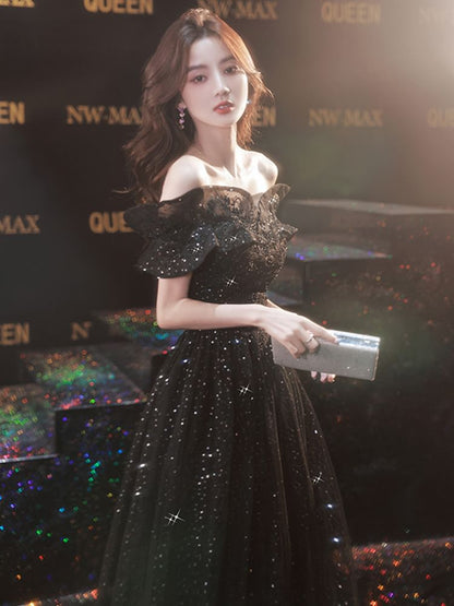 Off Shoulder Mesh Glitter A-Line Evening Gown
