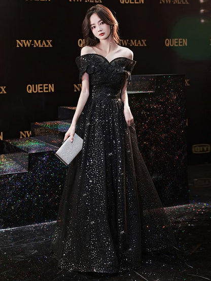 Off Shoulder Mesh Glitter A-Line Evening Gown