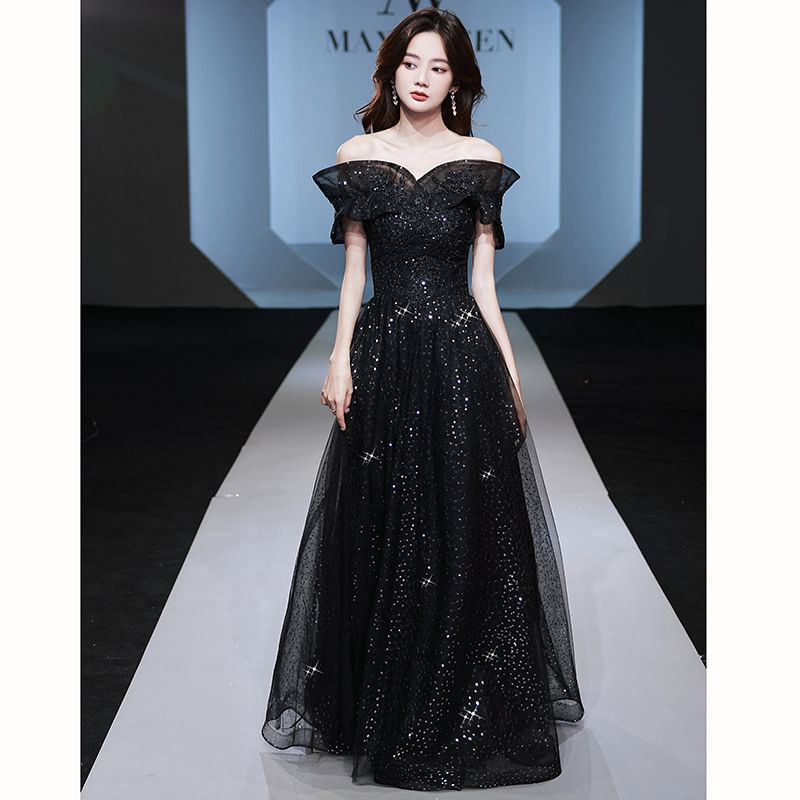 Off Shoulder Mesh Glitter A-Line Evening Gown