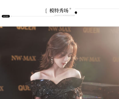 Off Shoulder Mesh Glitter A-Line Evening Gown