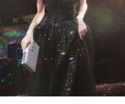 Off Shoulder Mesh Glitter A-Line Evening Gown