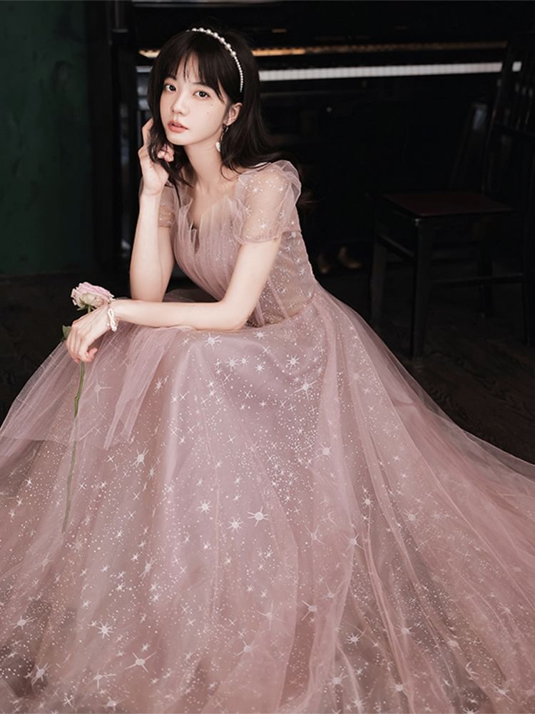 V-Neck A-Line Gown Evening Short-Sleeve Mesh