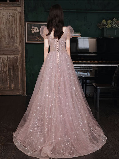 Short-Sleeve V-Neck Mesh A-Line Evening Gown