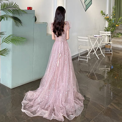 V-Neck A-Line Gown Evening Short-Sleeve Mesh