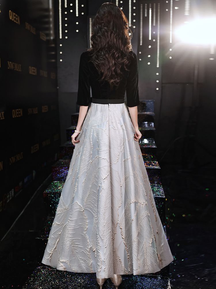 Elbow-Sleeve V-Neck A-Line Evening Gown / Dress