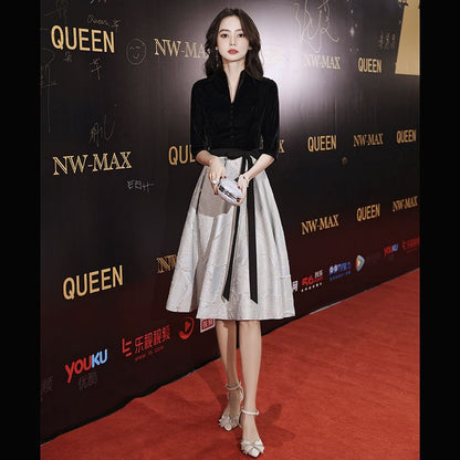 Elbow-Sleeve V-Neck A-Line Evening Gown / Dress