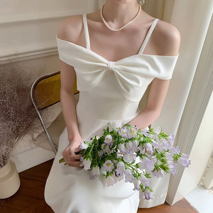 Bow Front Plain Midi A-Line Evening Dress