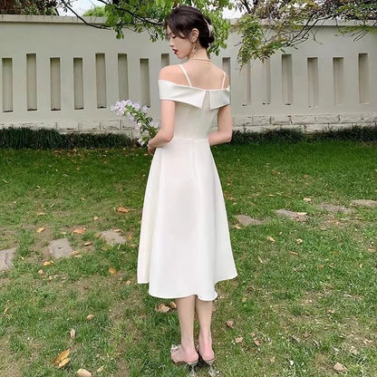 Bow Front Plain Midi A-Line Evening Dress