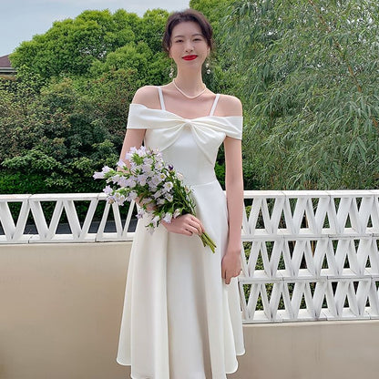 Bow Front Plain Midi A-Line Evening Dress