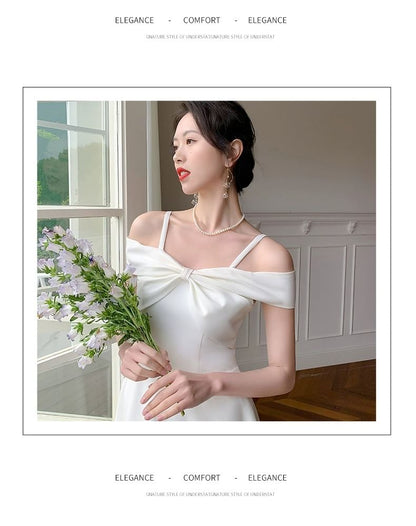 Bow Front Plain Midi A-Line Evening Dress