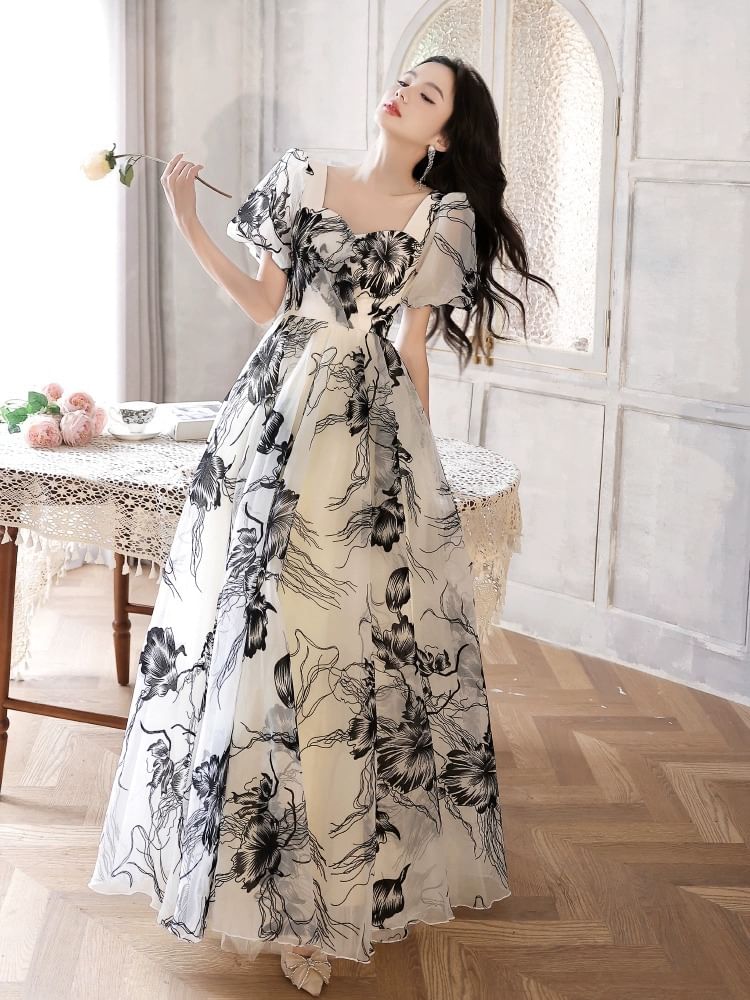Short-Sleeve Sweetheart Neckline Print A-Line Evening Gown