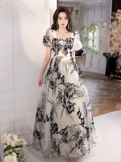 Short-Sleeve Sweetheart Neckline Print A-Line Evening Gown