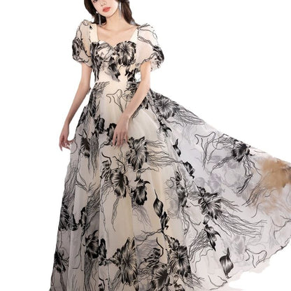 Short-Sleeve Sweetheart Neckline Print A-Line Evening Gown