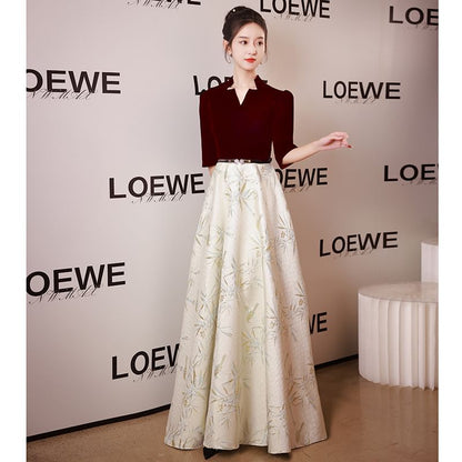 Elbow-Sleeve Notched A-Line Evening Gown / Dress