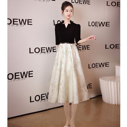 Notched Gown A-Line Evening Dress / Elbow-Sleeve