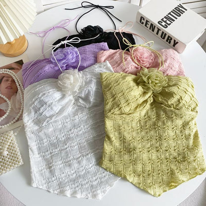 Neckholder-Crop-Top mit Blumen-Akzent und Unifarben