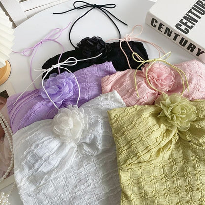 Neckholder-Crop-Top mit Blumen-Akzent und Unifarben