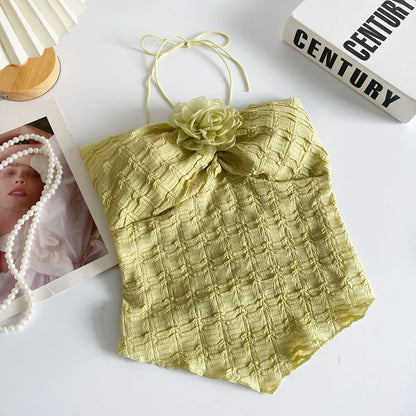 Neckholder-Crop-Top mit Blumen-Akzent und Unifarben