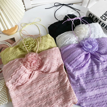 Neckholder-Crop-Top mit Blumen-Akzent und Unifarben