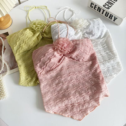 Neckholder-Crop-Top mit Blumen-Akzent und Unifarben