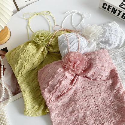 Neckholder-Crop-Top mit Blumen-Akzent und Unifarben