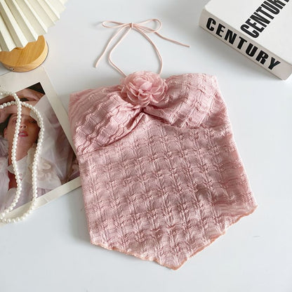 Neckholder-Crop-Top mit Blumen-Akzent und Unifarben