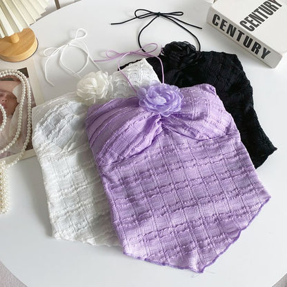 Neckholder-Crop-Top mit Blumen-Akzent und Unifarben