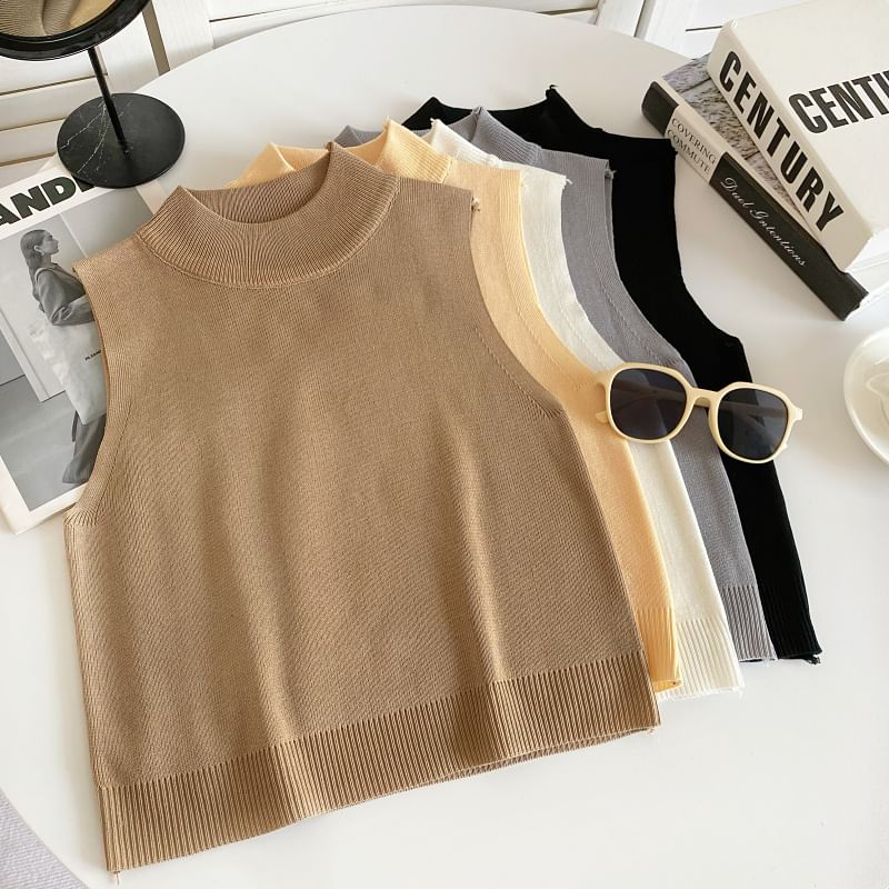 Mock Neck Plain Knit Tank Top