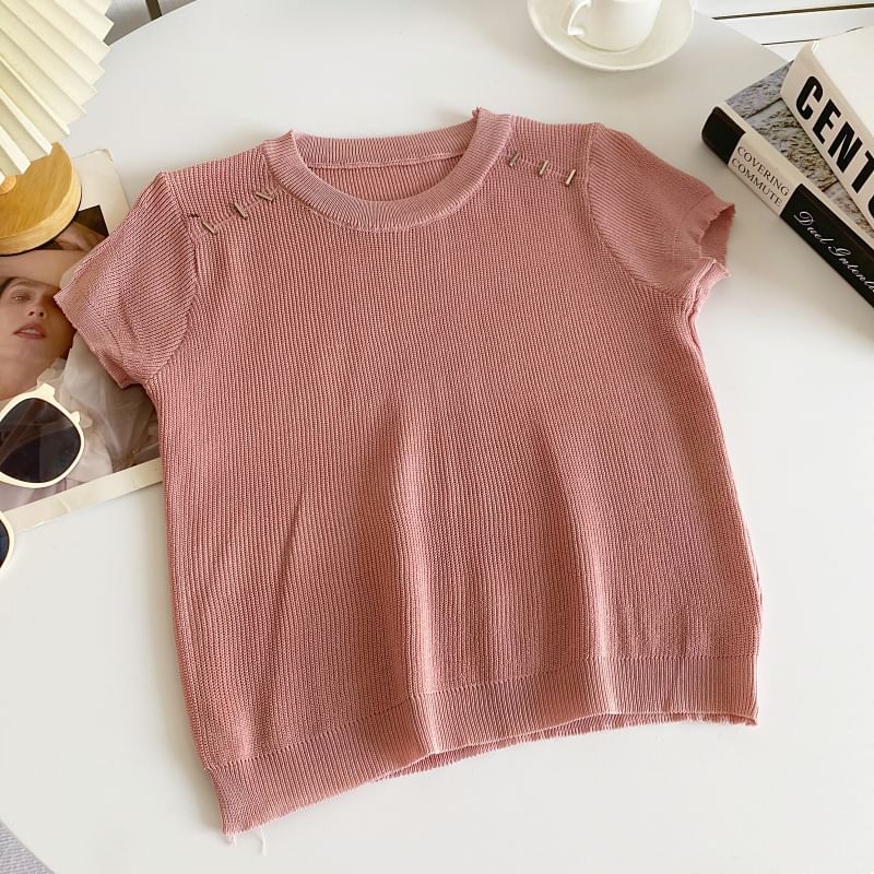 Short-Sleeve Crewneck Plain Knit Top