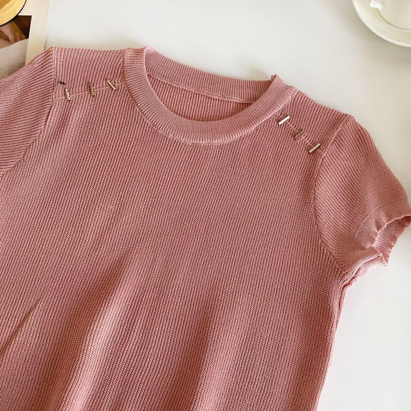 Short-Sleeve Crewneck Plain Knit Top