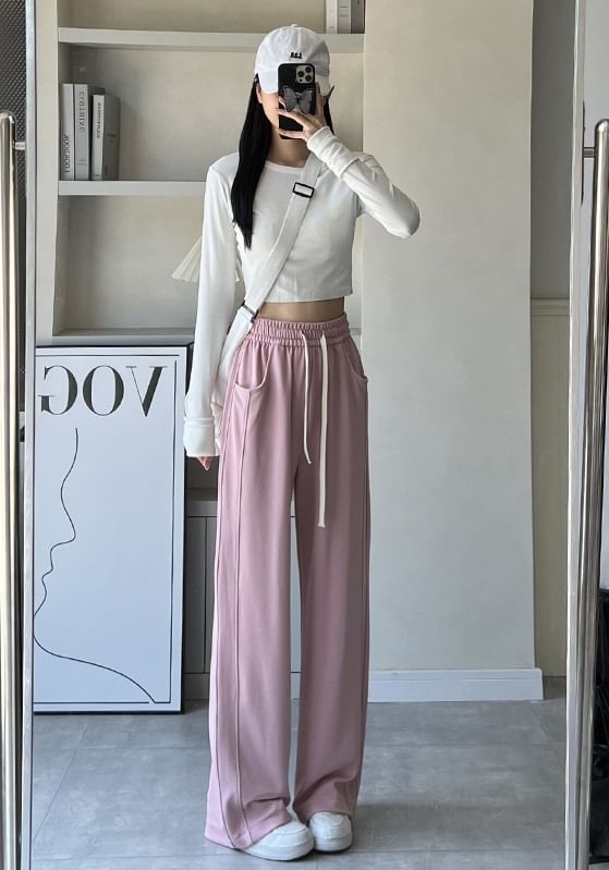 High Rise Wide Leg Plain Sweatpants