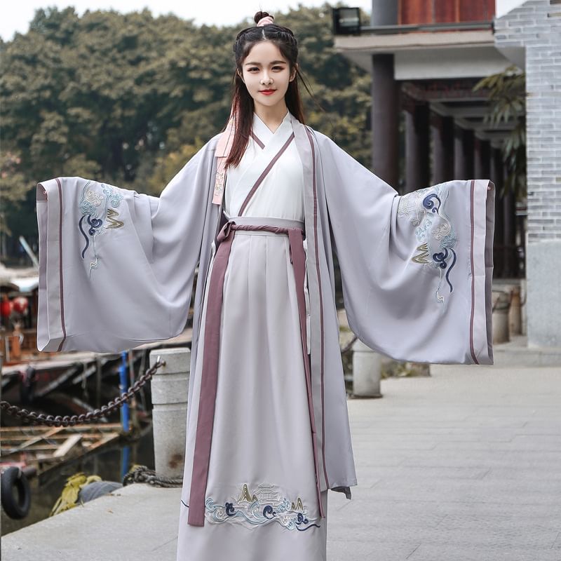 Embroidered Hanfu Robe / Hanfu Top / High Waist Maxi Skirt / Set