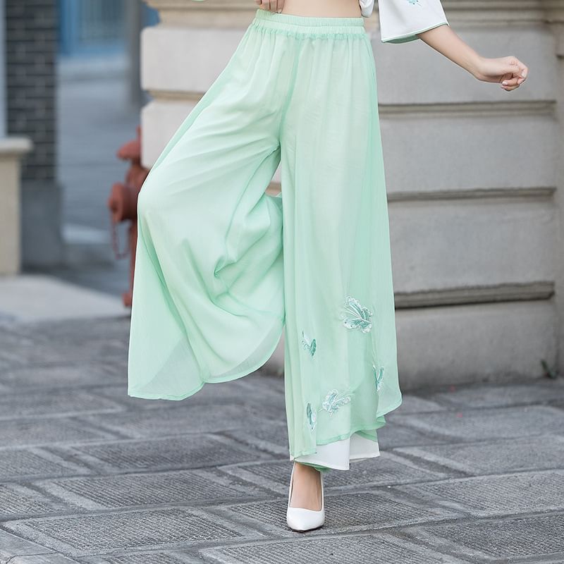 High Waist Butterfly Embroidered Wide Leg Pants