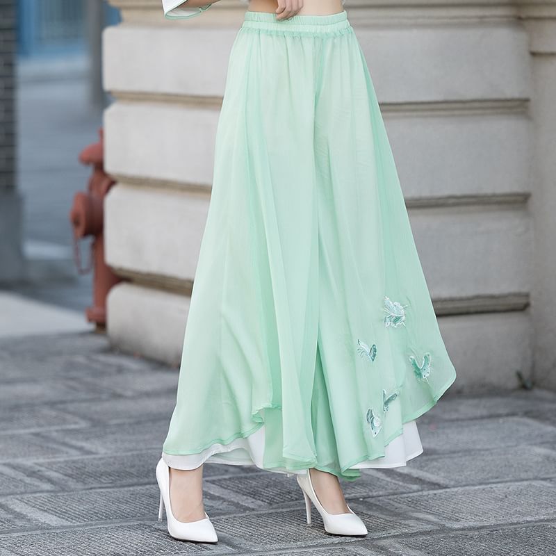 High Waist Butterfly Embroidered Wide Leg Pants