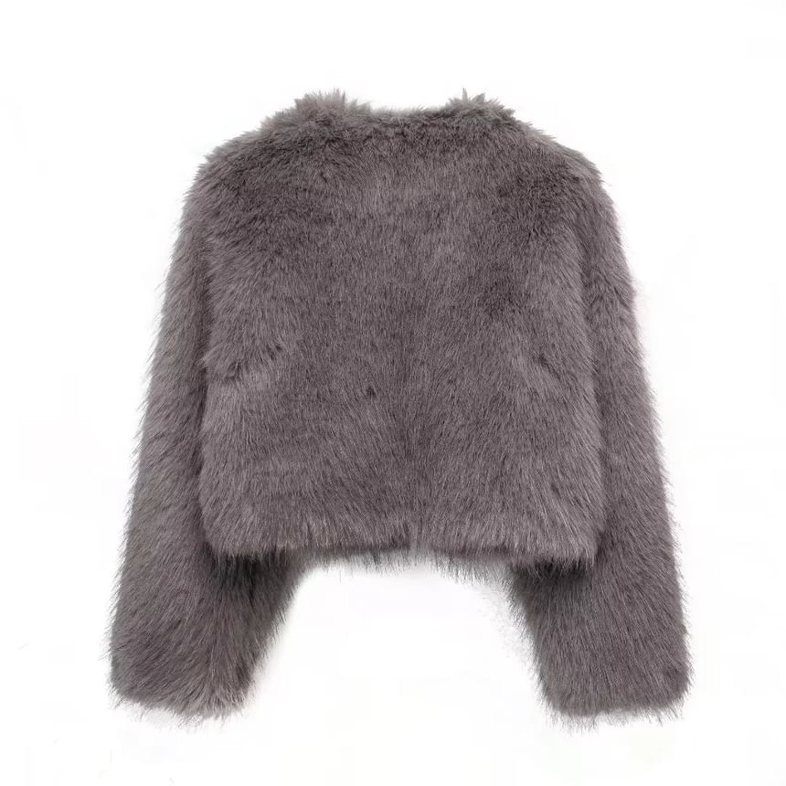Crew Neck Plain Faux Fur Hook And Eye Jacket