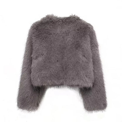 Crew Neck Plain Faux Fur Hook And Eye Jacket