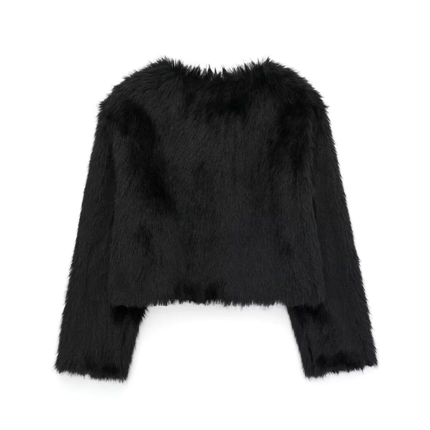 Crew Neck Plain Faux Fur Hook And Eye Jacket