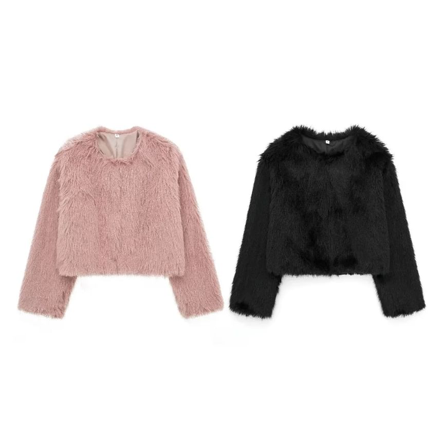 Crew Neck Plain Faux Fur Hook And Eye Jacket