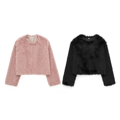 Crew Neck Plain Faux Fur Hook And Eye Jacket