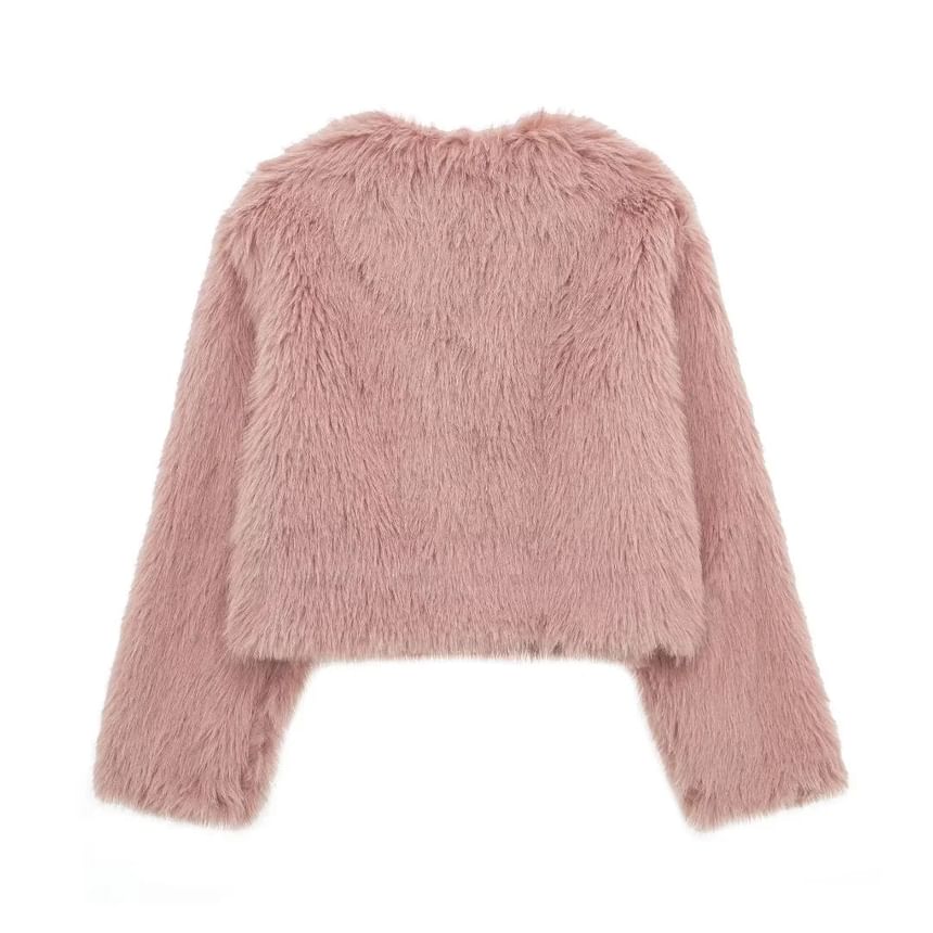 Crew Neck Plain Faux Fur Hook And Eye Jacket