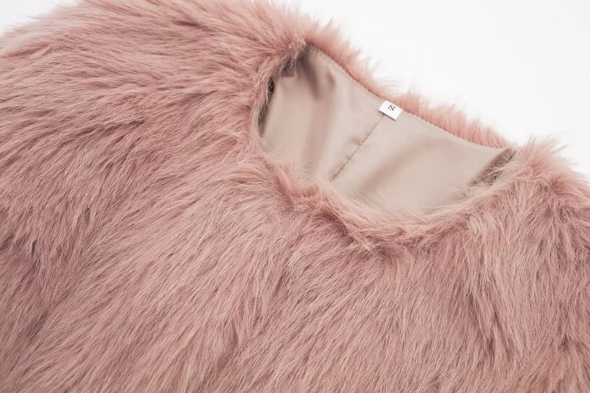 Crew Neck Plain Faux Fur Hook And Eye Jacket