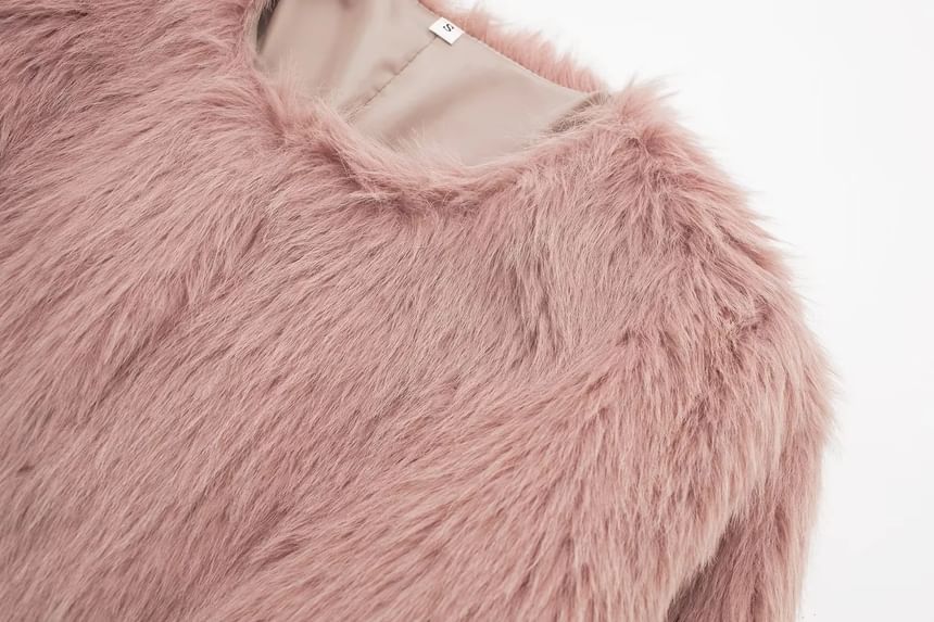 Crew Neck Plain Faux Fur Hook And Eye Jacket