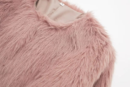 Crew Neck Plain Faux Fur Hook And Eye Jacket