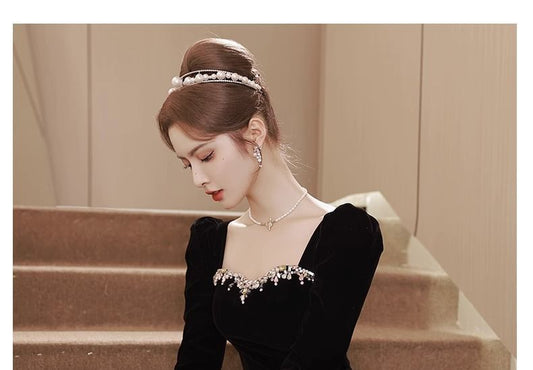 Long-Sleeve Velvet A-Line Evening Gown